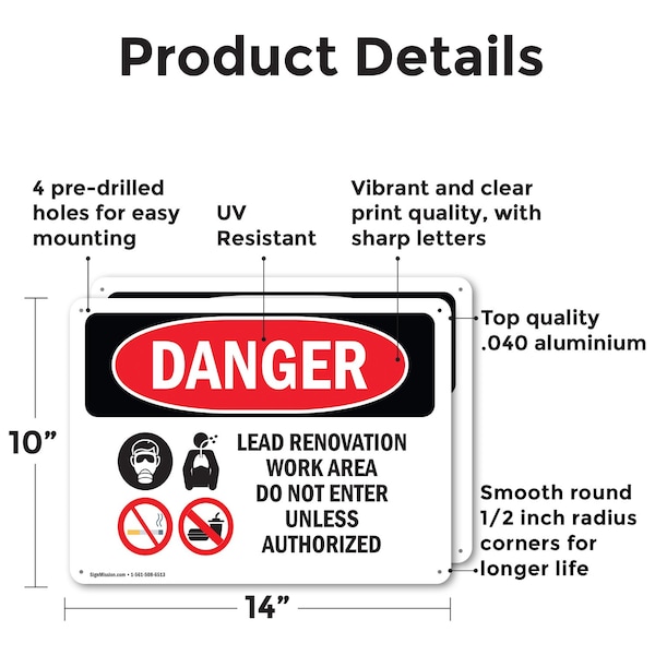 Lead Renovation Work Danger Sign, Aluminum, 14in W X 10in L, 2PK